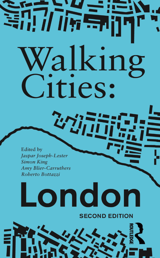 walking cities London front cover includes blue background, black text and a set of black shapes that look like a section of the London map