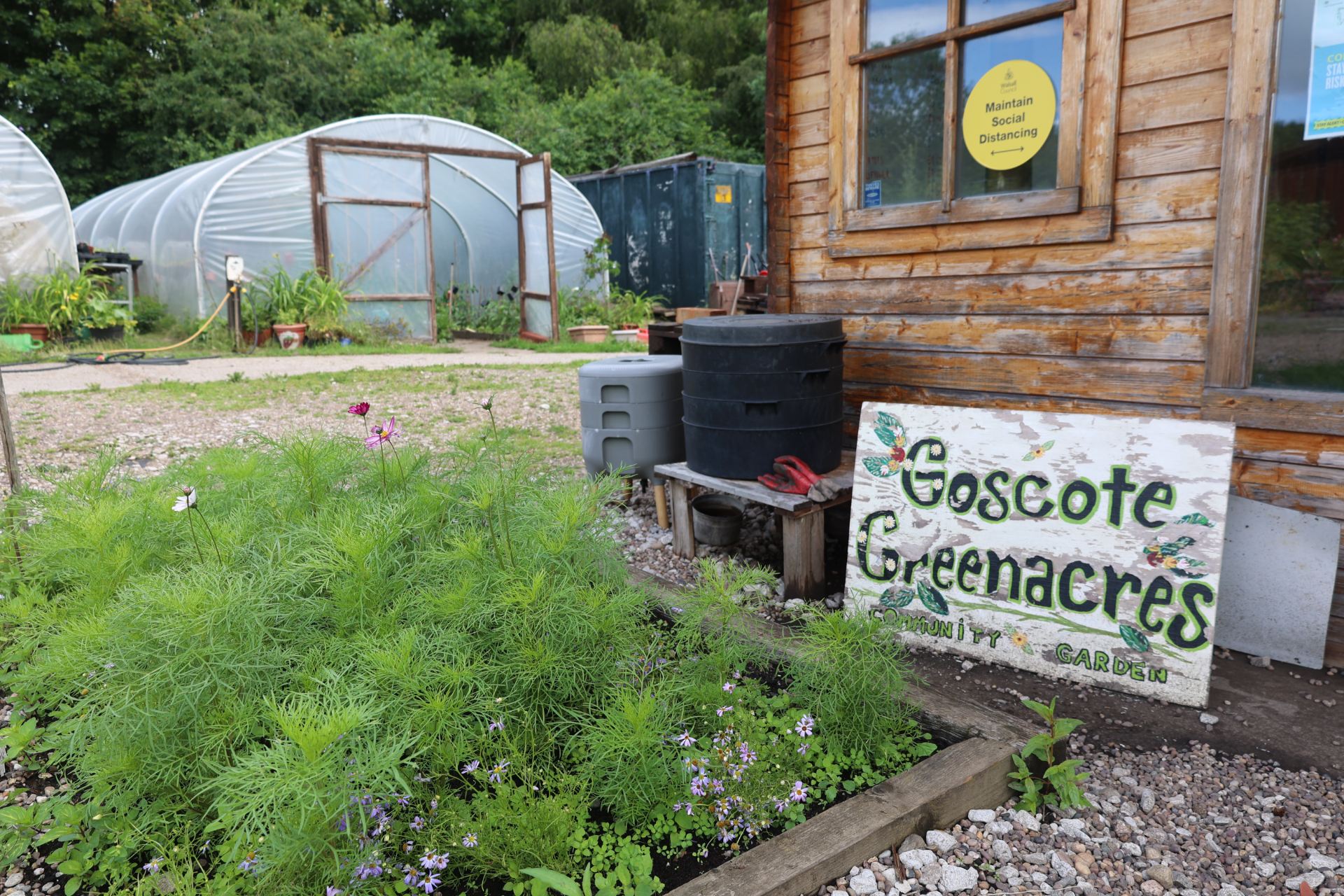 Image of Gascote Greenacres Community Garden and sign reading "Goscote Greenacres, community garden"